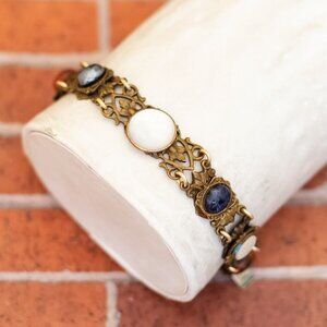 6 inch, Vintage White Faux Pearl & Colorful Beads Gold Tone Bracelet - W31